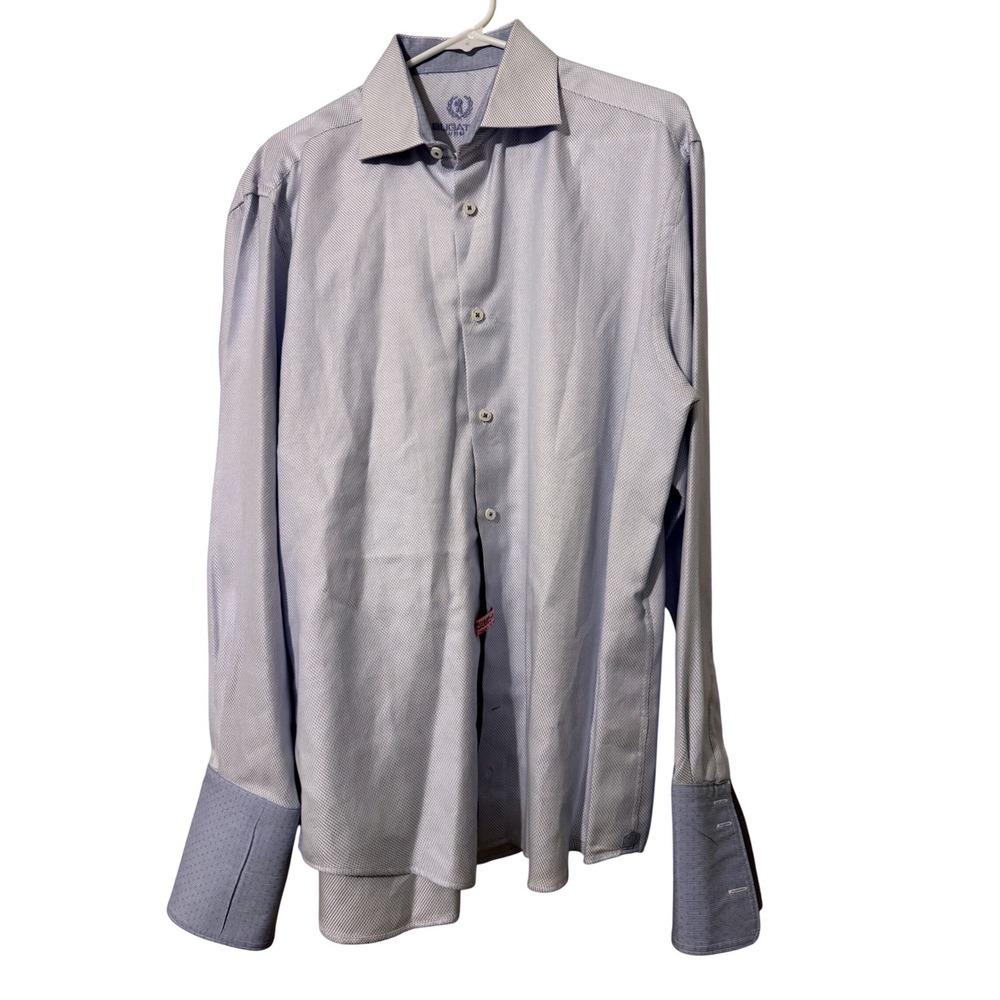 Bugatchi Uomo Mens Light Blue White Cotton Dress Shirt 17 34/35 Spread Collar